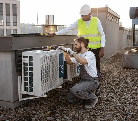 Two technicians performing maintenance on an outdoor HVAC condenser unit.