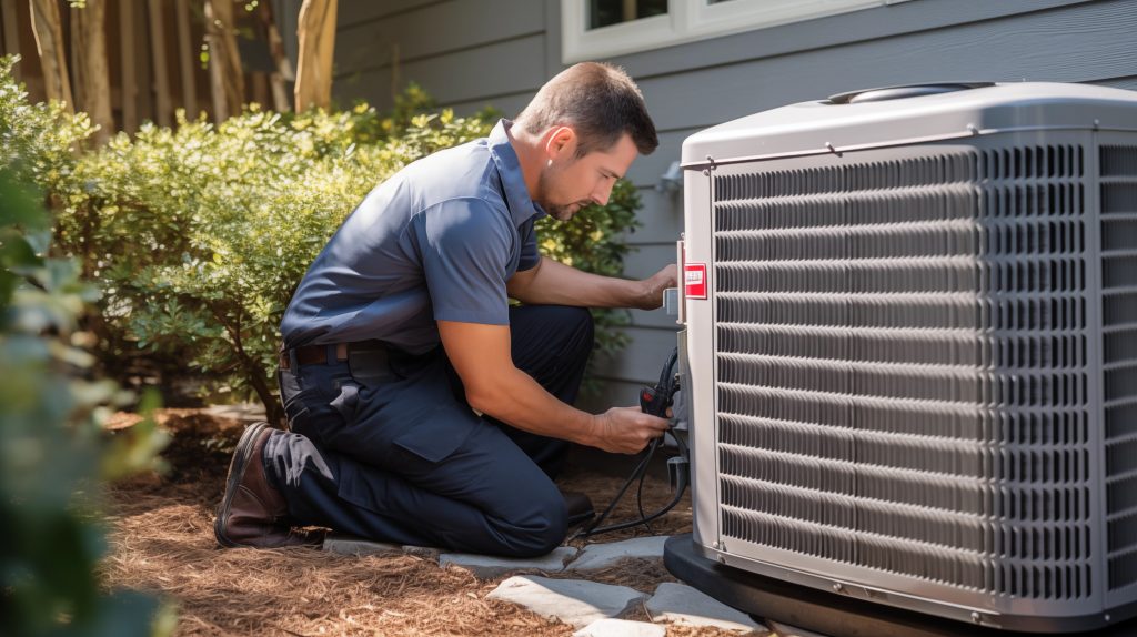 A male HVAC technician in a blue uniform kneeling outdoors while inspecting an air conditioning unit.