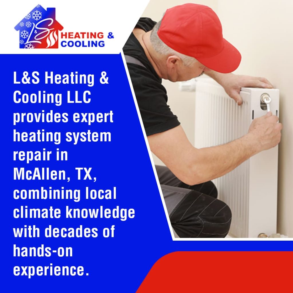 Promotional graphic for L&S Heating & Cooling LLC featuring a technician in a red hat repairing a white radiator.